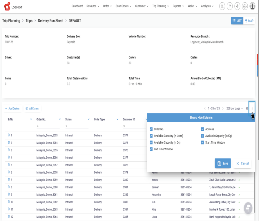 Delivery Management Run Sheet
